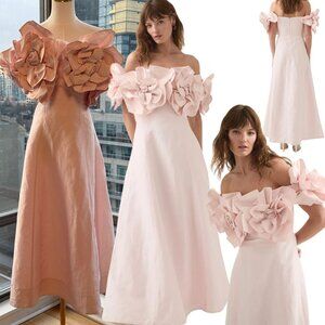 🆕 AJE 🧿 NWOT Etta Off Shoulder Linen Midi Dress, Pastel Pink - Sz AU 8 / Small